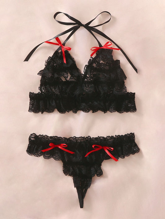 LADIES TWO PIECE LACE BRA SET LINGERIE                        BLACK                            (SIZE  XL - 4XL)