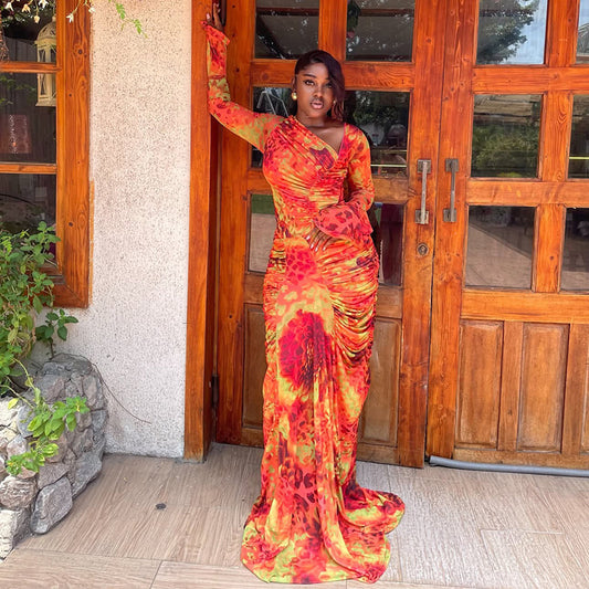 LADIES LONG SLEEVE DRESS                          ORANGE                              (SIZE  S - L)