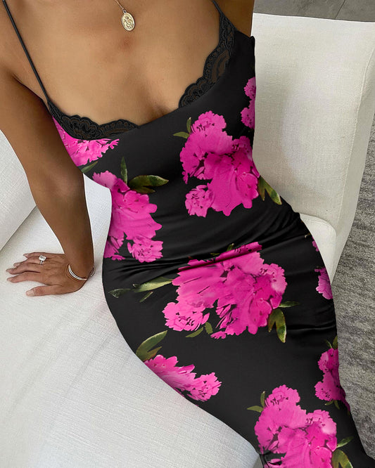 LADIES SLEEVELESS FLORAL PRINT DRESS                         BLACK & PINK                        (SIZE  S - XL)