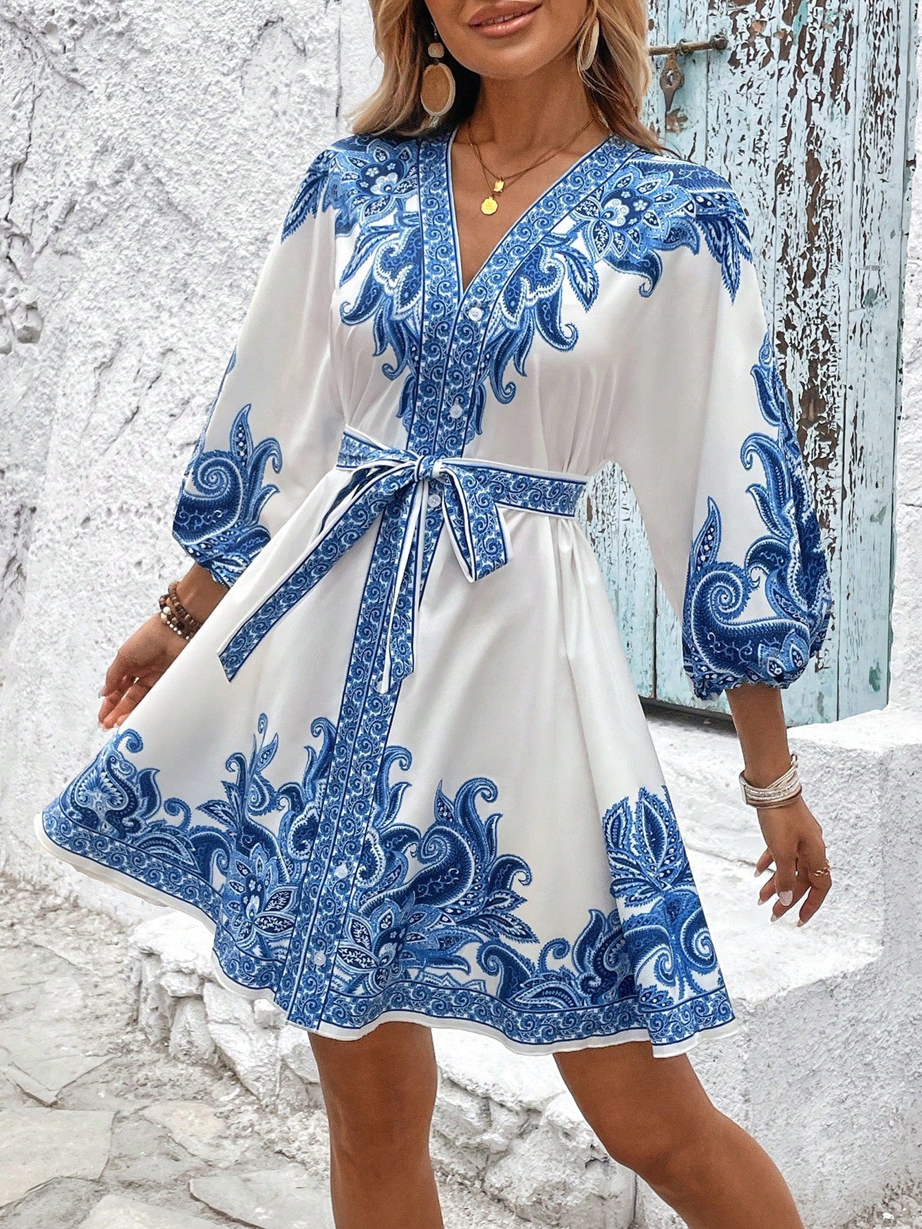 LADIES HALF SLEEVE LACE UP MINI DRESS                 APRICOT-BEIGE / BLACK / WHITE-BLUE                (SIZE  S - 2XL)