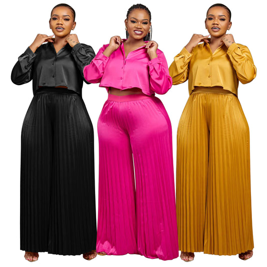 LADIES PLUS SIZE  TWO PIECE SHIRT & WIDE LEG PANTS                        GOLD / DARK PINK / BLACK                      (SIZE  XL - 5XL)