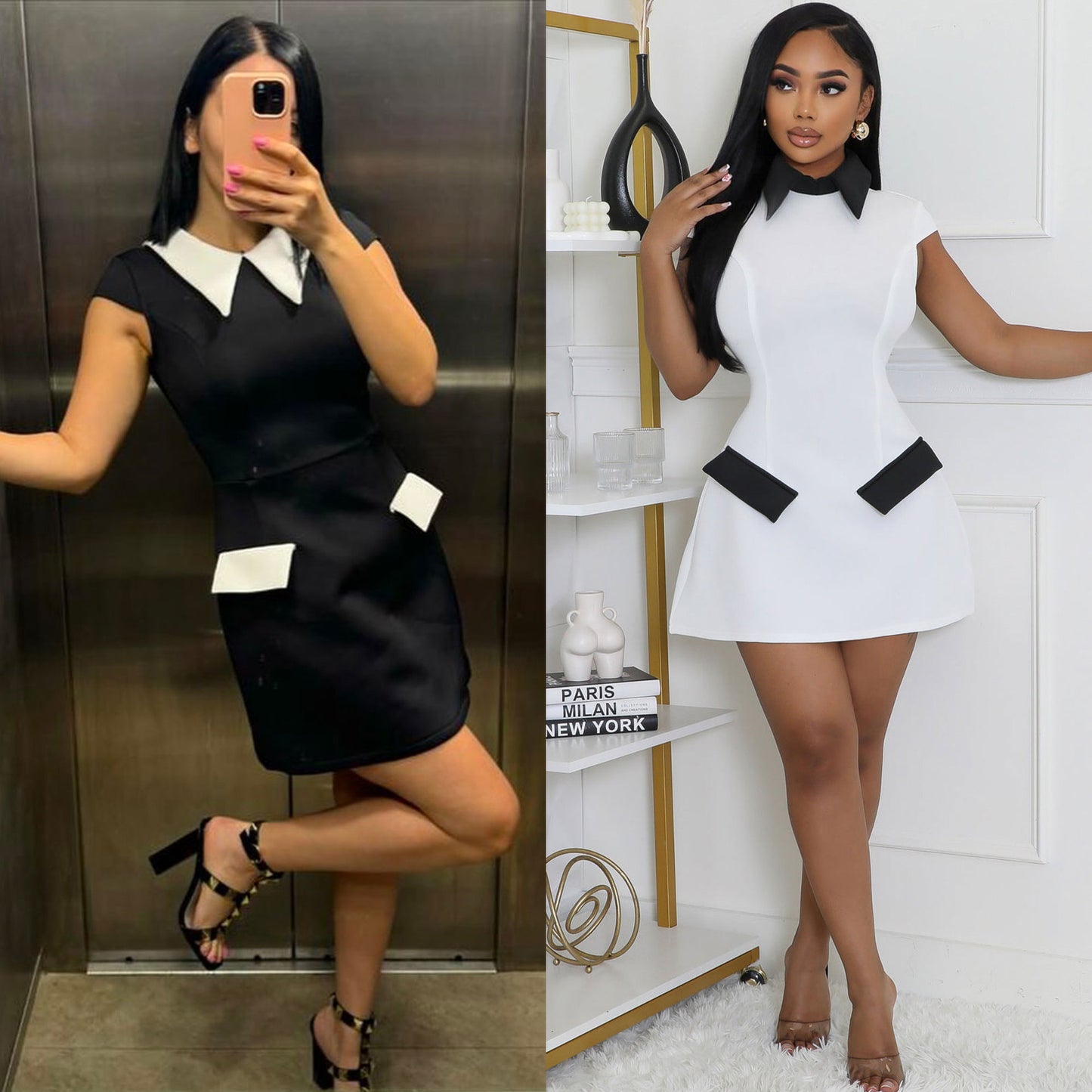 LADIES SHORT SLEEVE MINI DRESS                     BLACK / WHITE                        (SIZE  S - 2XL)