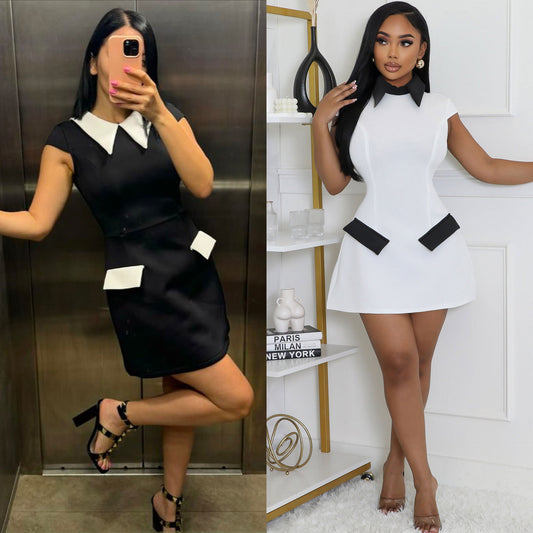 LADIES SHORT SLEEVE MINI DRESS                     BLACK / WHITE                        (SIZE  S - 2XL)