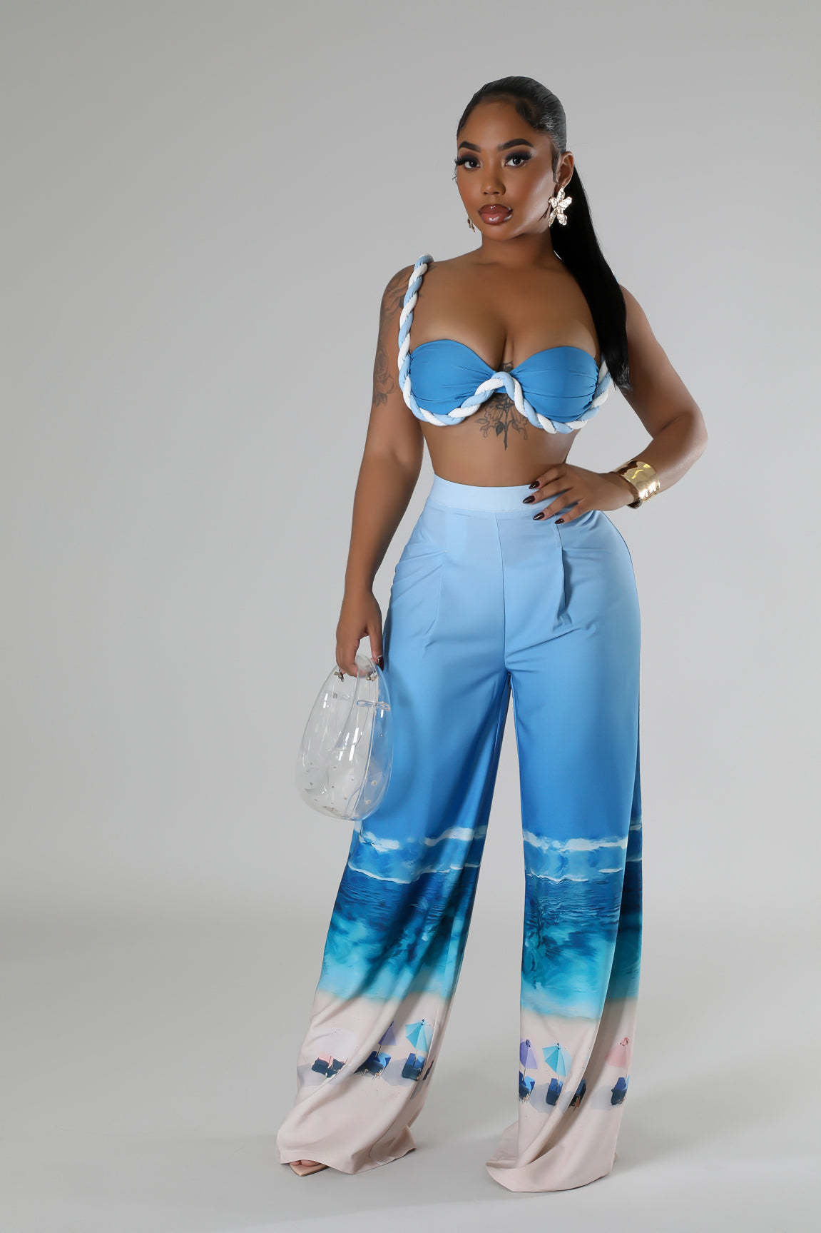 LADIES TWO PIECE NIGHTCLUB PANTS SET                    BLUE                      (SIZE  S - 2XL)