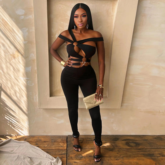 LADIES CUT OUT JUMPSUIT                     BLACK                    (SIZE  S - 2XL)