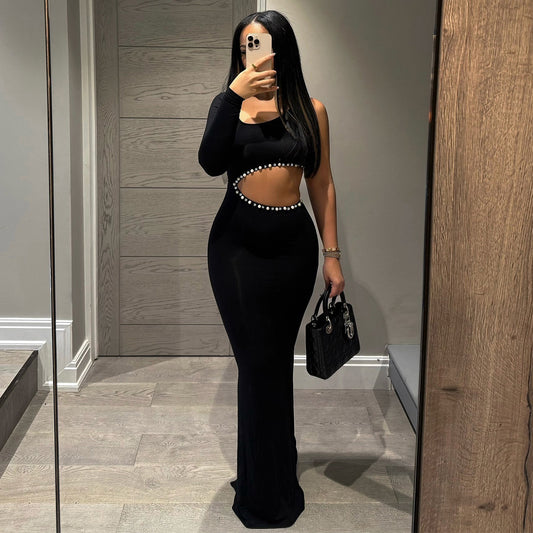 LADIES ONE SLEEVE CUT-OUT DRESS                     BLACK                       (SIZE  S - L)