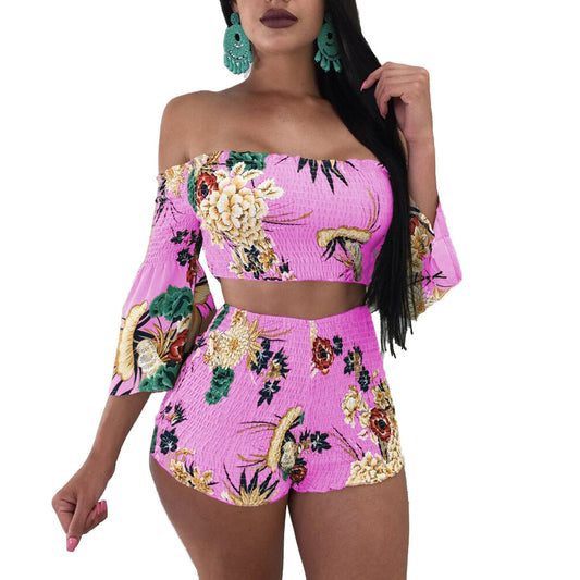 LADIES TWO PIECE OFF THE SHOULDER TOP & SHORTS SET                      PINK / BLUE / KHAKI / GREEN                     (SIZE  S - 3XL)