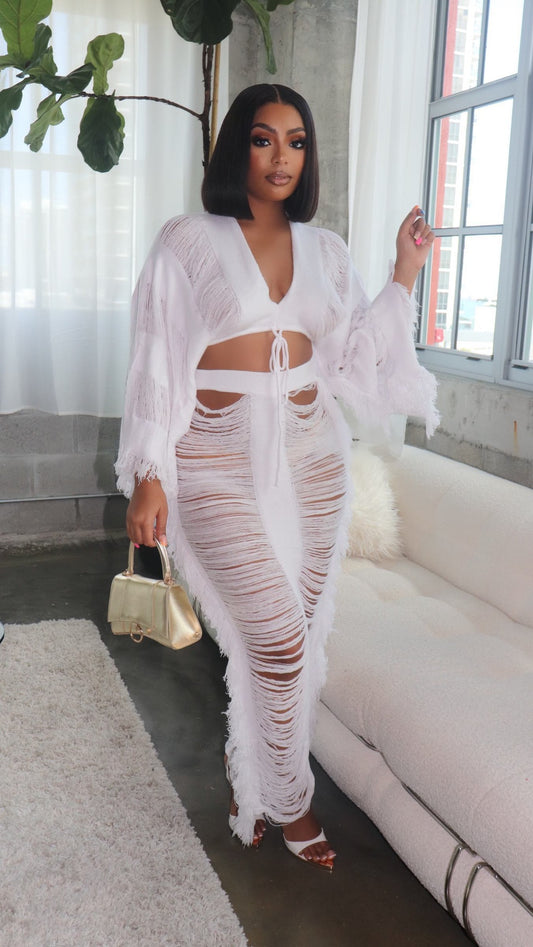 LADIES TWO PIECE LONG SLEEVE TOP & SKIRT SET                        WHITE / APRICOT-BEIGE                   (SIZE  S - 2XL)