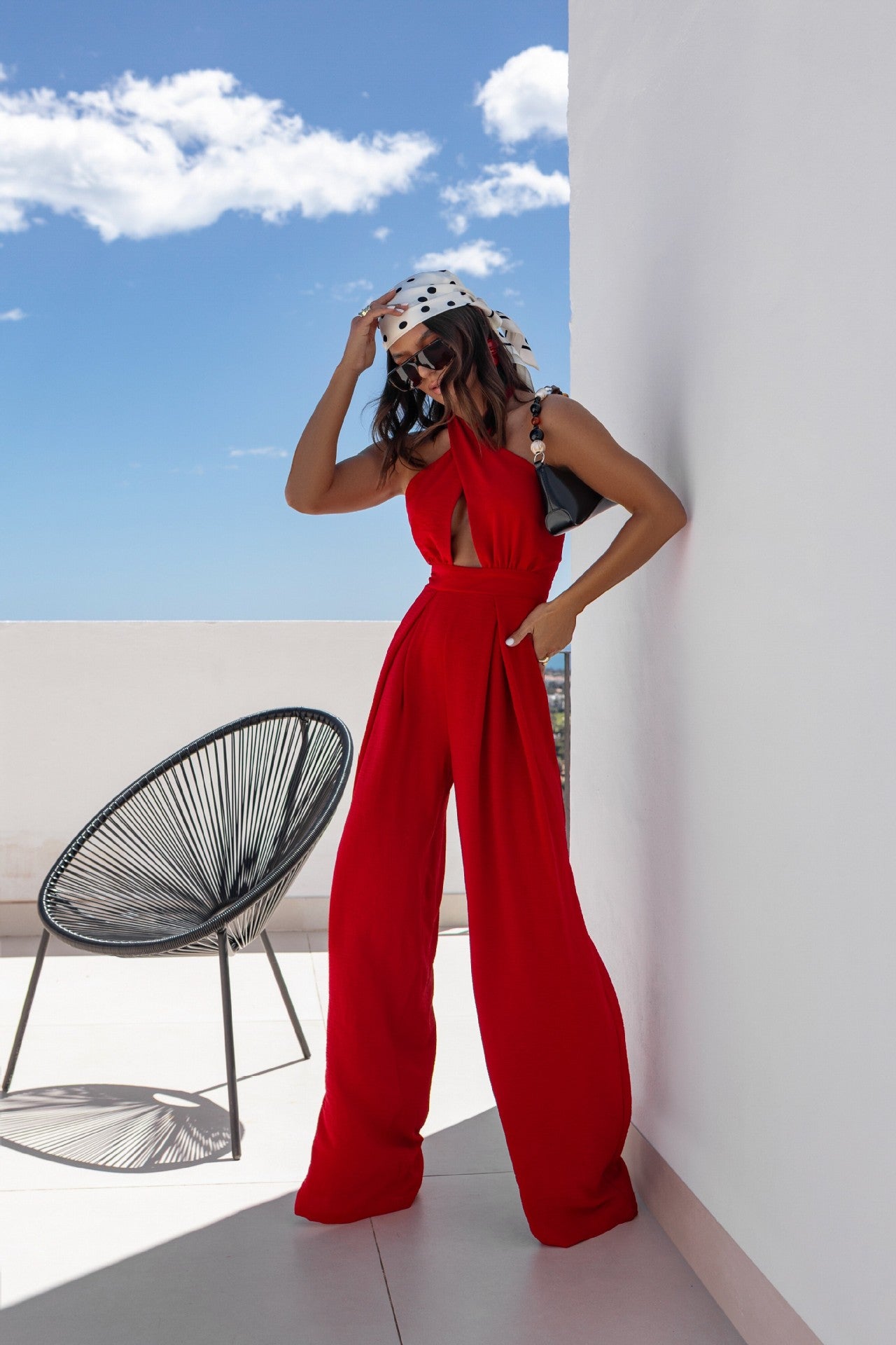 LADIES HALTERNECK JUMPSUIT                           RED / BLACK                            (SIZE  S - 2XL)