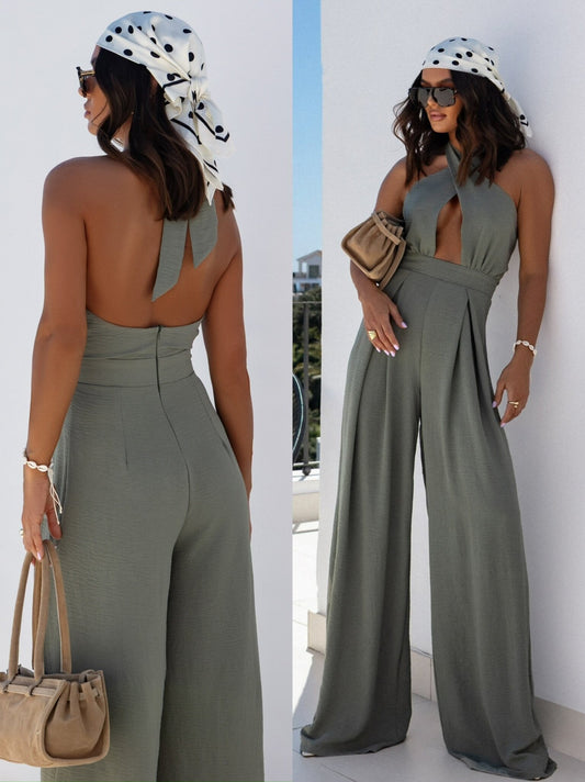 LADIES HALTERNECK JUMPSUIT                      OLIVE GREEN / PURPLE                      (SIZE  S - 2XL)