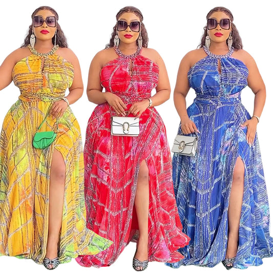 LADIES PLUS SIZE  HALTERNECK LONG DRESS                   YELLOW / BLUE / RED                        (SIZE  L - 3XL)