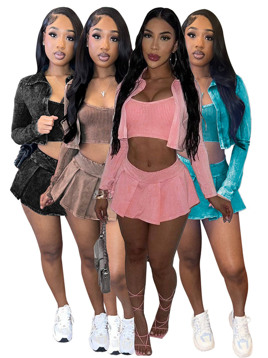 LADIES THREE PIECE SKIRT SET                 BLACK / PINK / TURQUOISE BLUE / BROWN                 (SIZE  S - 2XL)