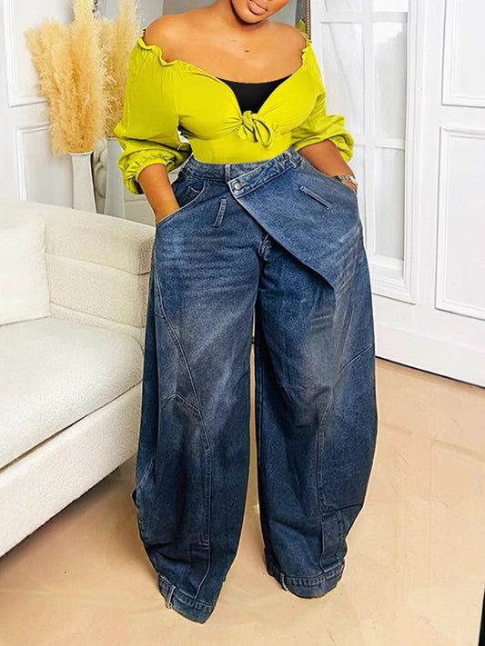 LADIES WIDE LEG DENIM PANTS                        BLUE DENIM                          (SIZE  S - 3XL)