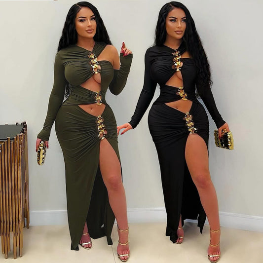 LADIES LONG SLEEVE CUT OUT DRESS                      BLACK / GREEN                     (SIZE  S - 2XL)