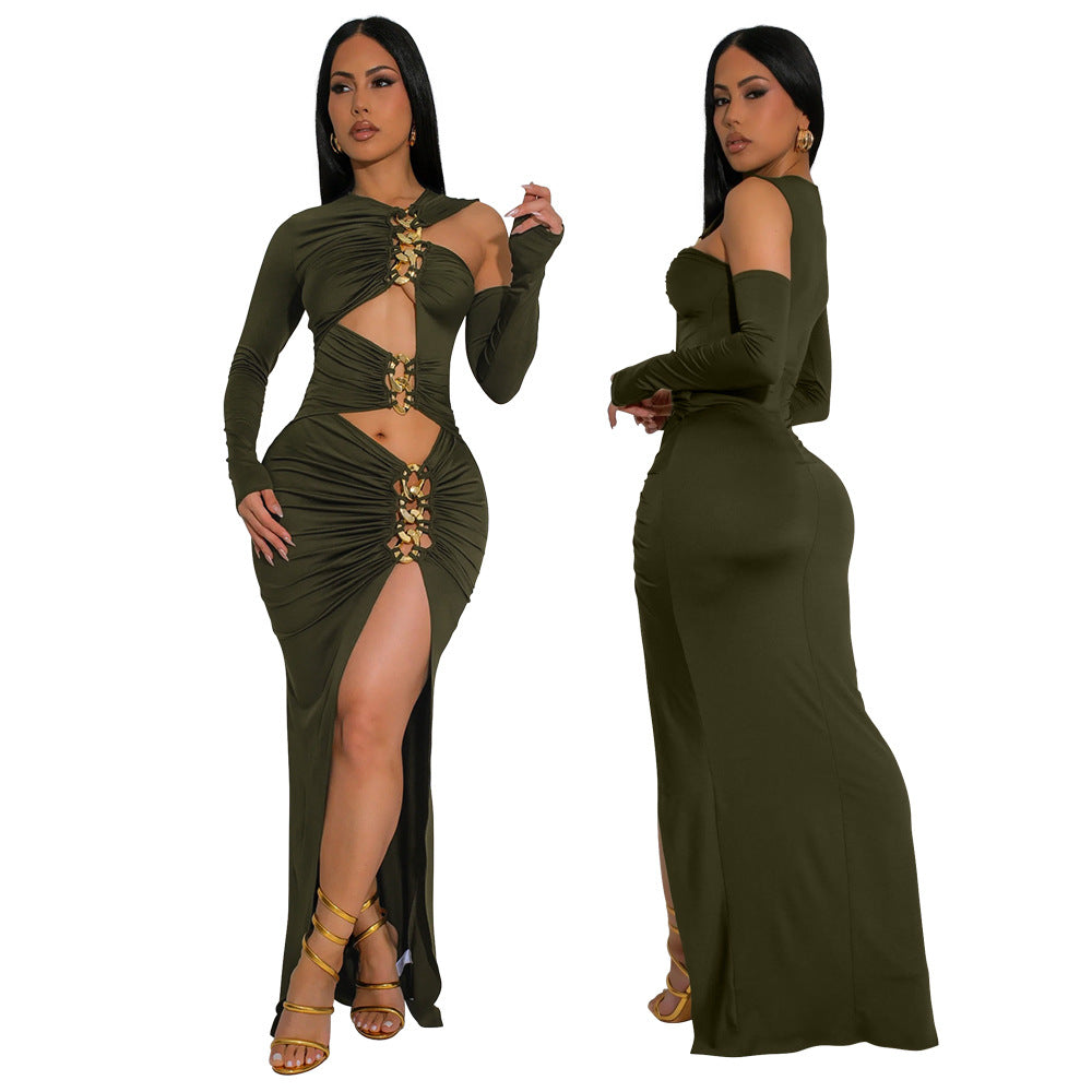 LADIES LONG SLEEVE CUT OUT DRESS                      BLACK / GREEN                     (SIZE  S - 2XL)