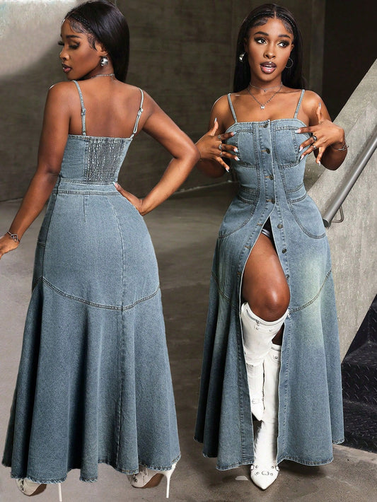 LADIES LONG DENIM DRESS                     BLUE DENIM                         (SIZE  S - 2XL)