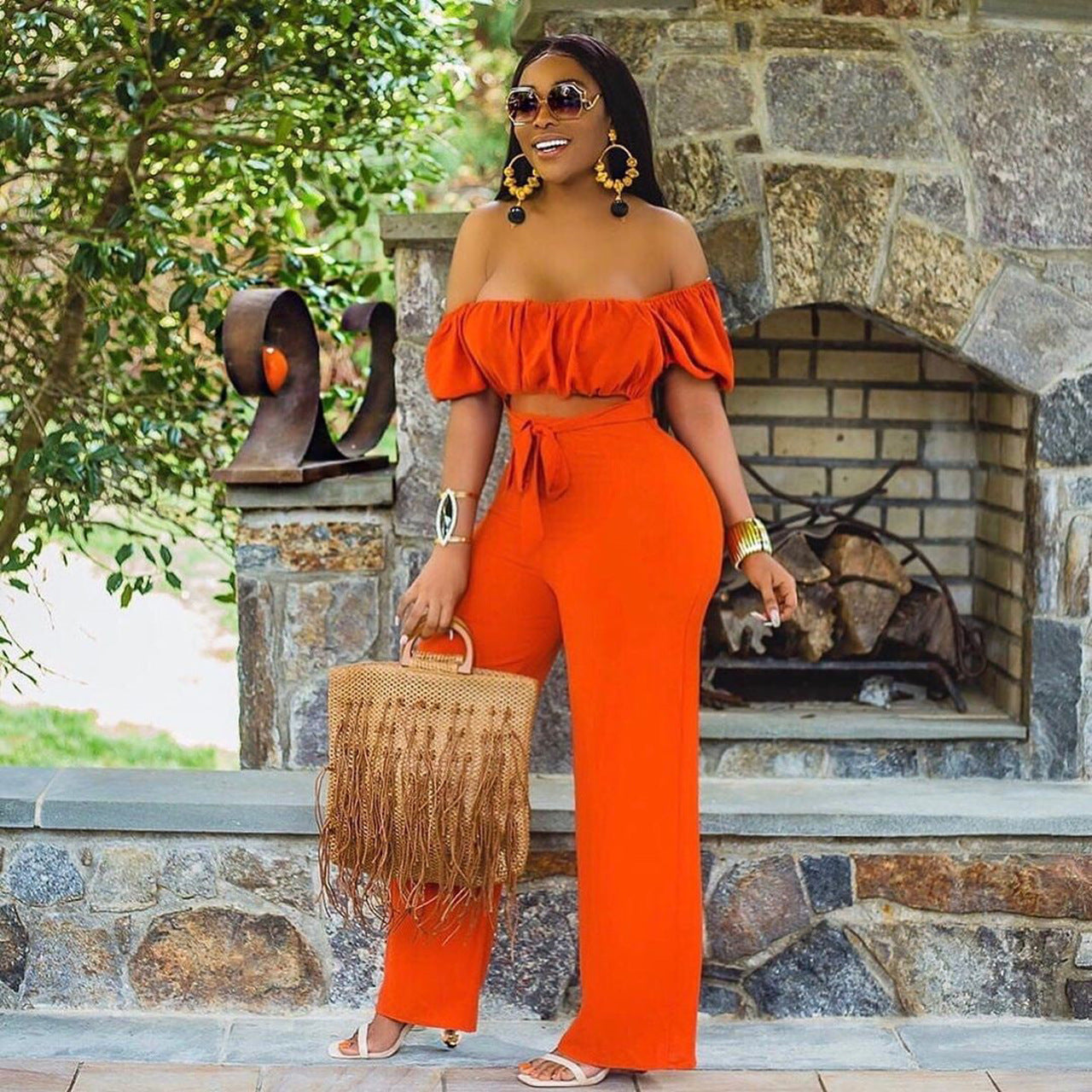 LADIES OFF THE SHOULDER JUMPSUIT                        GREEN / BLACK / ORANGE / DARK PINK                       (SIZE  S - 2XL)