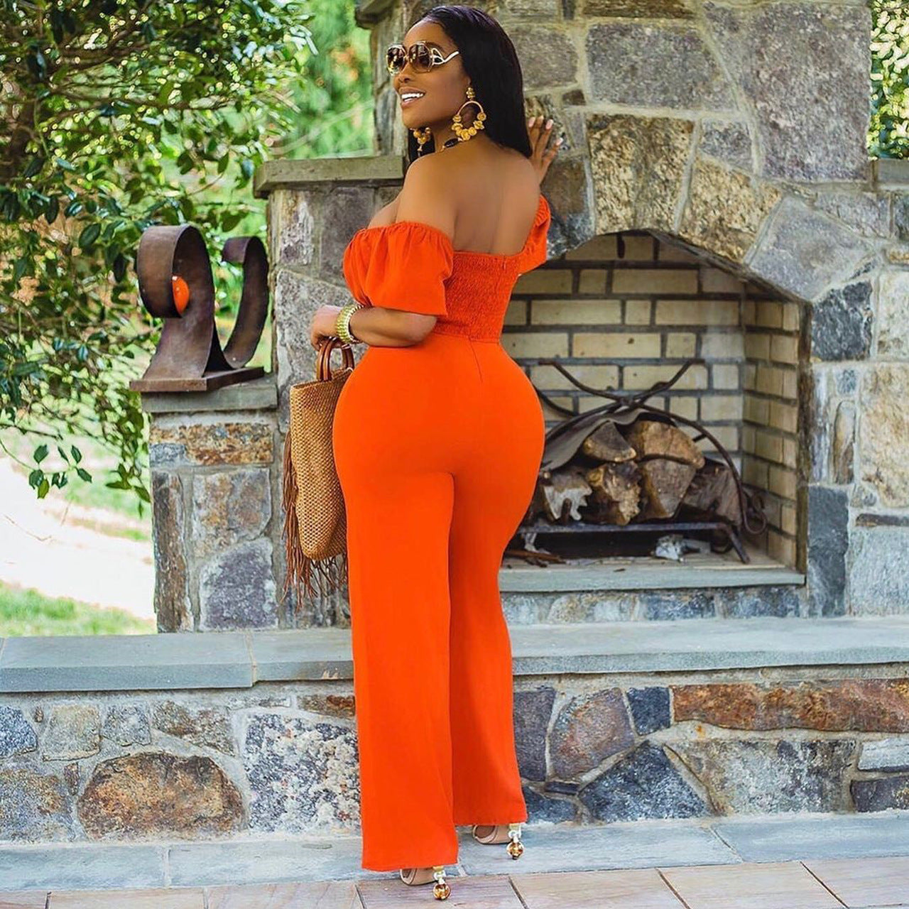 LADIES OFF THE SHOULDER JUMPSUIT                        GREEN / BLACK / ORANGE / DARK PINK                       (SIZE  S - 2XL)