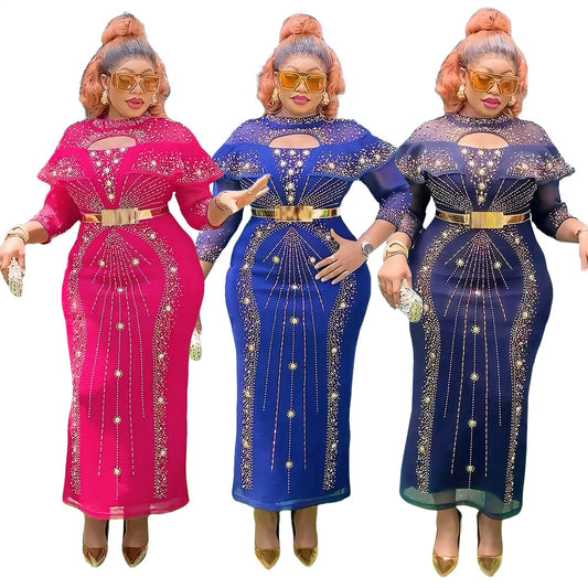 LADIES PLUS SIZE LONG SLEEVE LONG BODYCON DRESS                           PINK / BLUE / BLACK                       (SIZE  L - 3XL)