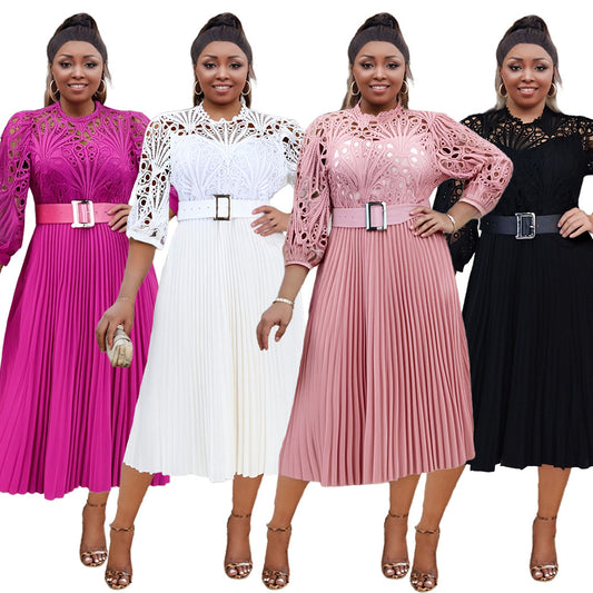 LADIES PLUS SIZE LONG SLEEVE DRESS                        WHITE / PINK / BLACK / DARK PINK                         (SIZE  S - 5XL)