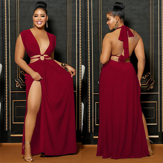 LADIES LOW BACK SLEEVELESS LONG DRESS                         WINE RED / RED / ORANGE / WHITE                   (SIZE  S - 2XL)