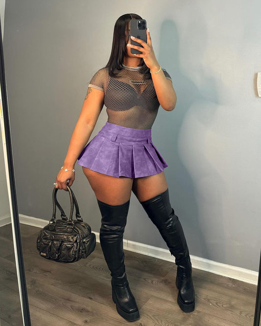 LADIES PU LEATHER SHORT MINI SKIRT                            PURPLE                                   (SIZE  S - 2XL)
