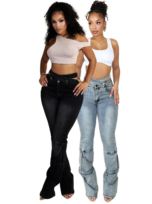 LADIES DENIM PANTS / JEANS                           LIGHT BLUE DENIM / BLACK DENIM                          (SIZE  S - 2XL)