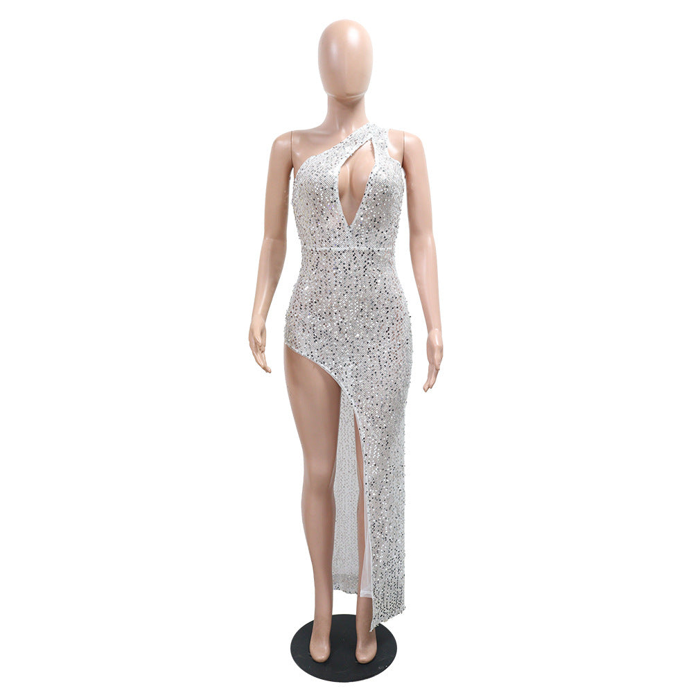 LADIES HALTERNECK BODYCON DRESS WITH SLIT                             GOLD / SILVER                                    (SIZE  S - 2XL)