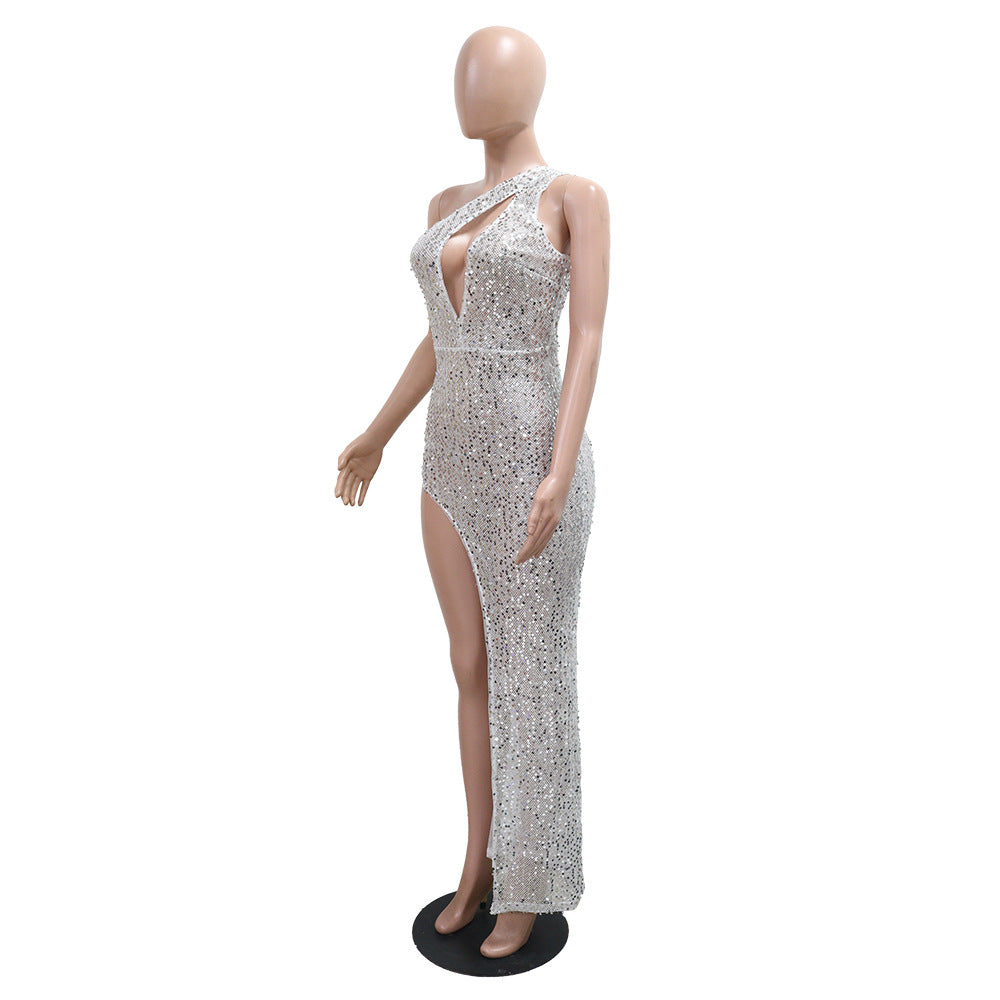 LADIES HALTERNECK BODYCON DRESS WITH SLIT                             GOLD / SILVER                                    (SIZE  S - 2XL)