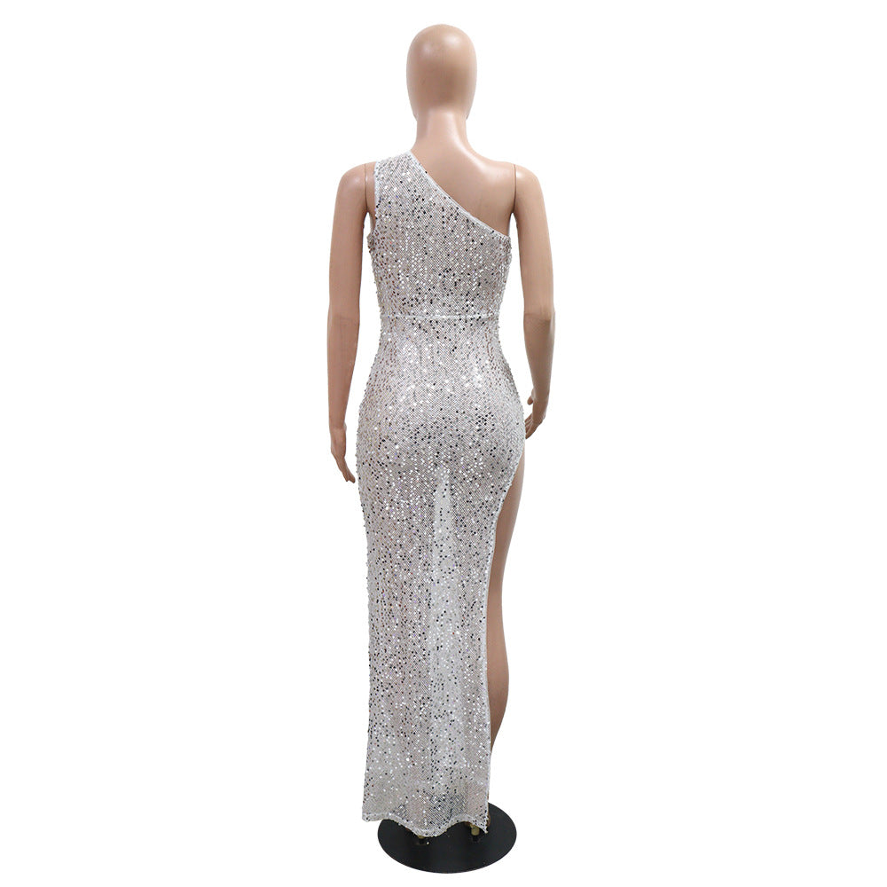 LADIES HALTERNECK BODYCON DRESS WITH SLIT                             GOLD / SILVER                                    (SIZE  S - 2XL)