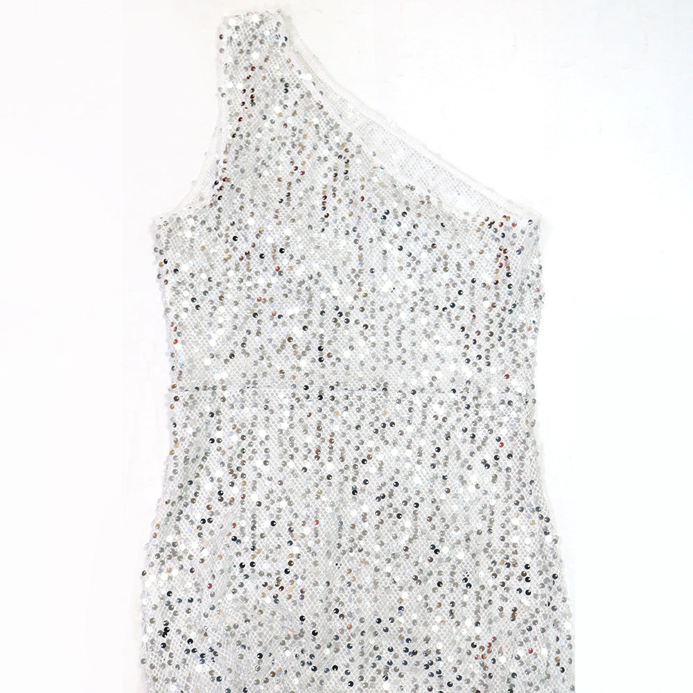 LADIES HALTERNECK BODYCON DRESS WITH SLIT                             GOLD / SILVER                                    (SIZE  S - 2XL)