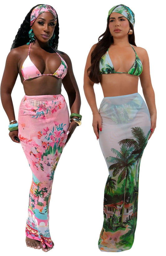 LADIES BIKINI SWIMWEAR BEACHWEAR SET                          PINK  / GREEN                             (SIZE  S - 2XL)