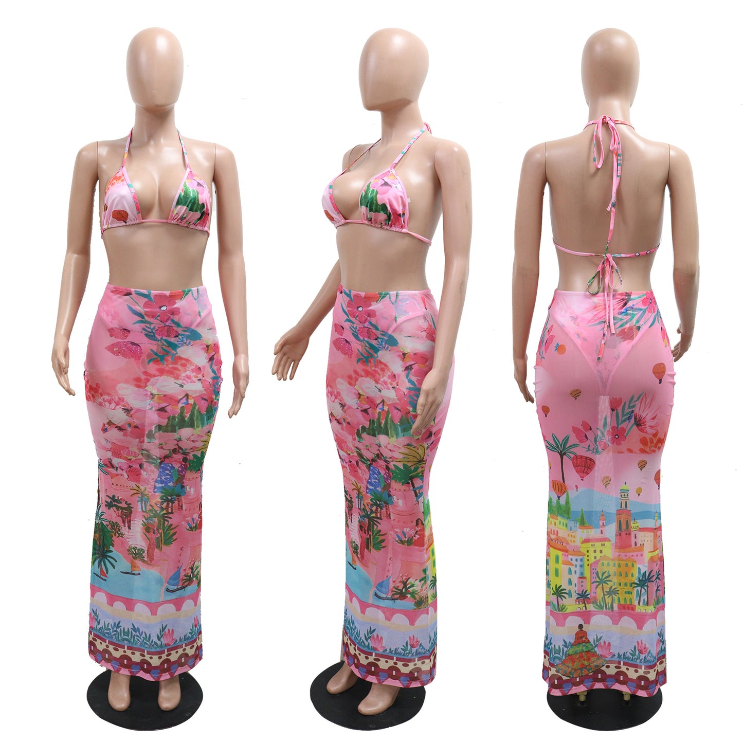 LADIES BIKINI SWIMWEAR BEACHWEAR SET                          PINK  / GREEN                             (SIZE  S - 2XL)