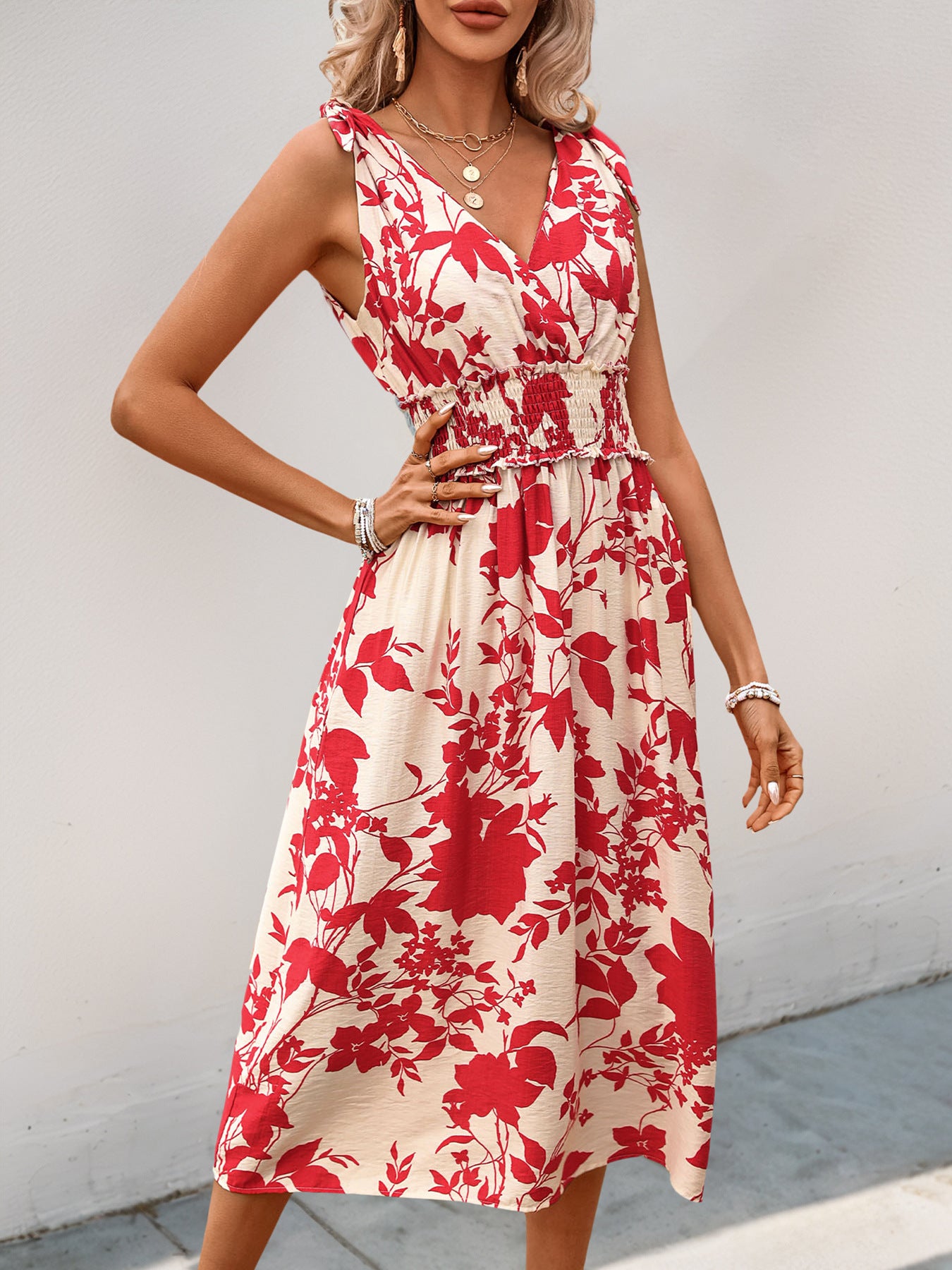 LADIES FLORAL PRINT DRESS                               RED-WHITE                               (SIZE  S - XL)