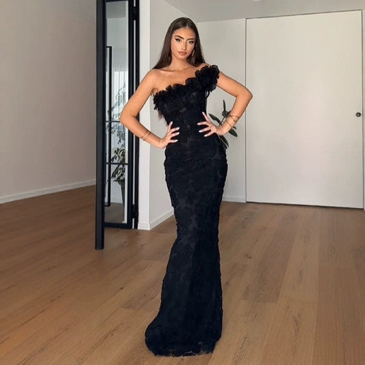 LADIES ONE SHOULDER EVENING DRESS                               BLACK                             (SIZE  S - 2XL)