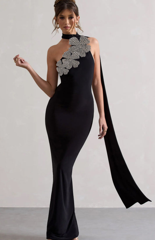 LADIES ONE SHOULDER BEADED EVENING / PARTY DRESS                            BLACK                       (SIZE  S - L)