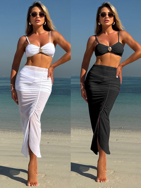 LADIES THREE PIECE SWIMWEAR BEACHWEAR BIKINI SHORTS & SKIRT SET                            WHITE / BLACK                               (SIZE  S - L