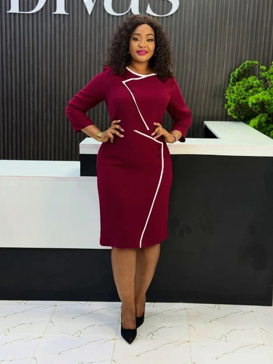 LADIES PLUS SIZE LONG SLEEVE DRESS                   WINE RED                         (SIZE  S - 4XL)