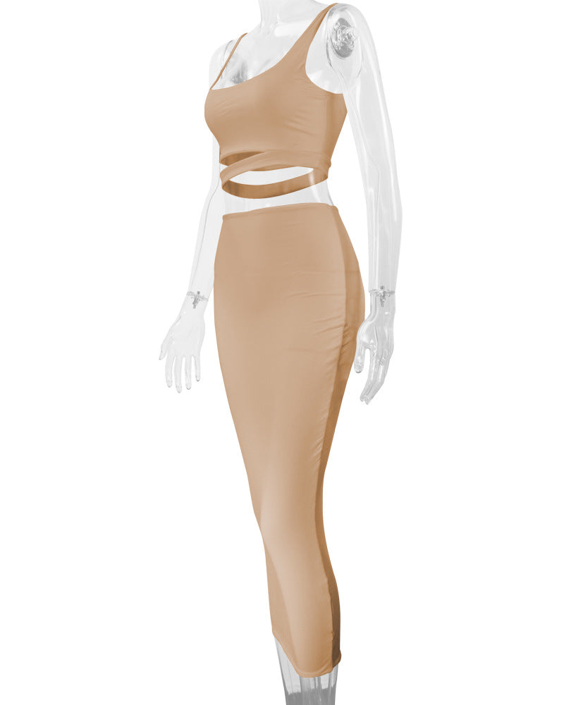 LADIES TWO PIECE SKIRT SET                       WHITE / KHAKI / BLACK / GREEN / ORANGE                    (SIZE  S - 2XL)