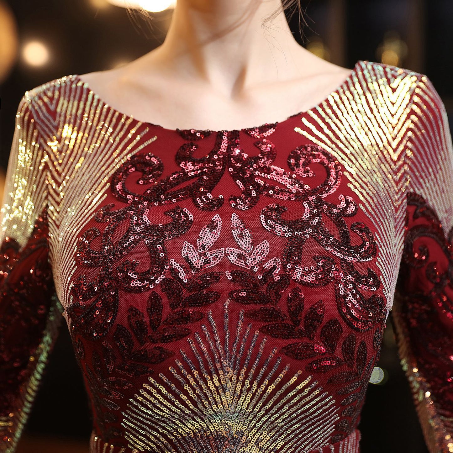 LADIES LONG SLEEVE EVENING DRESS                      GREEN / BLACK / WINE RED / GOLD / NAVY BLUE / RED-GOLD                      (SIZE  S - 2XL)