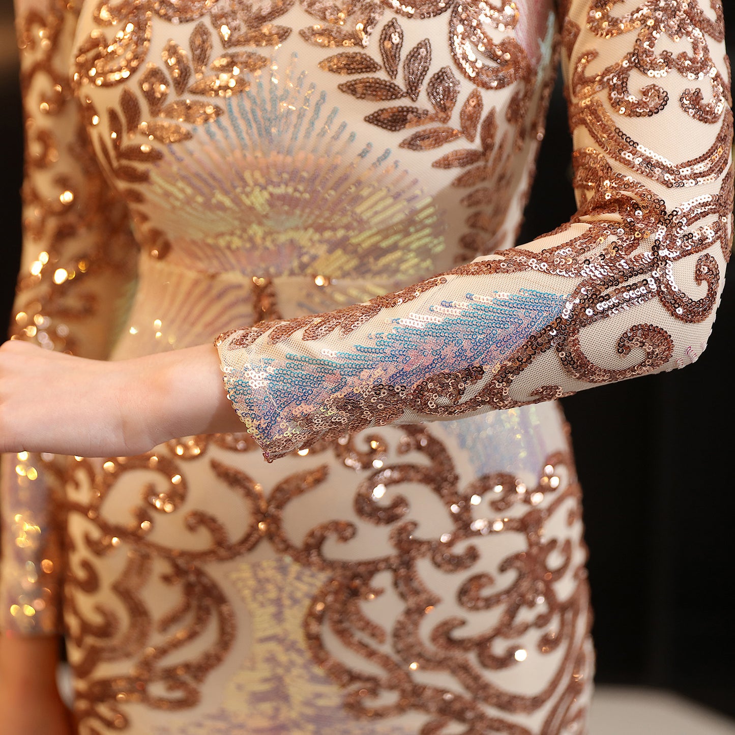 LADIES LONG SLEEVE EVENING DRESS                      GREEN / BLACK / WINE RED / GOLD / NAVY BLUE / RED-GOLD                      (SIZE  S - 2XL)