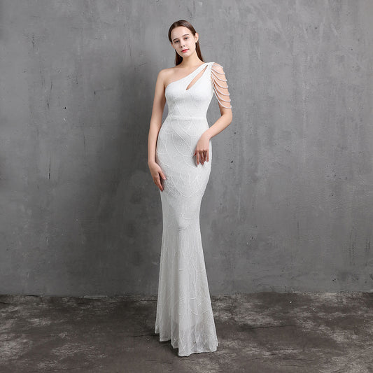 LADIES ONE SHOULDER EVENING DRESS                              WHITE / BLACK / APRICOT / GOLD / WINE RED / NAVY BLUE                             (SIZE  S - 2XL)