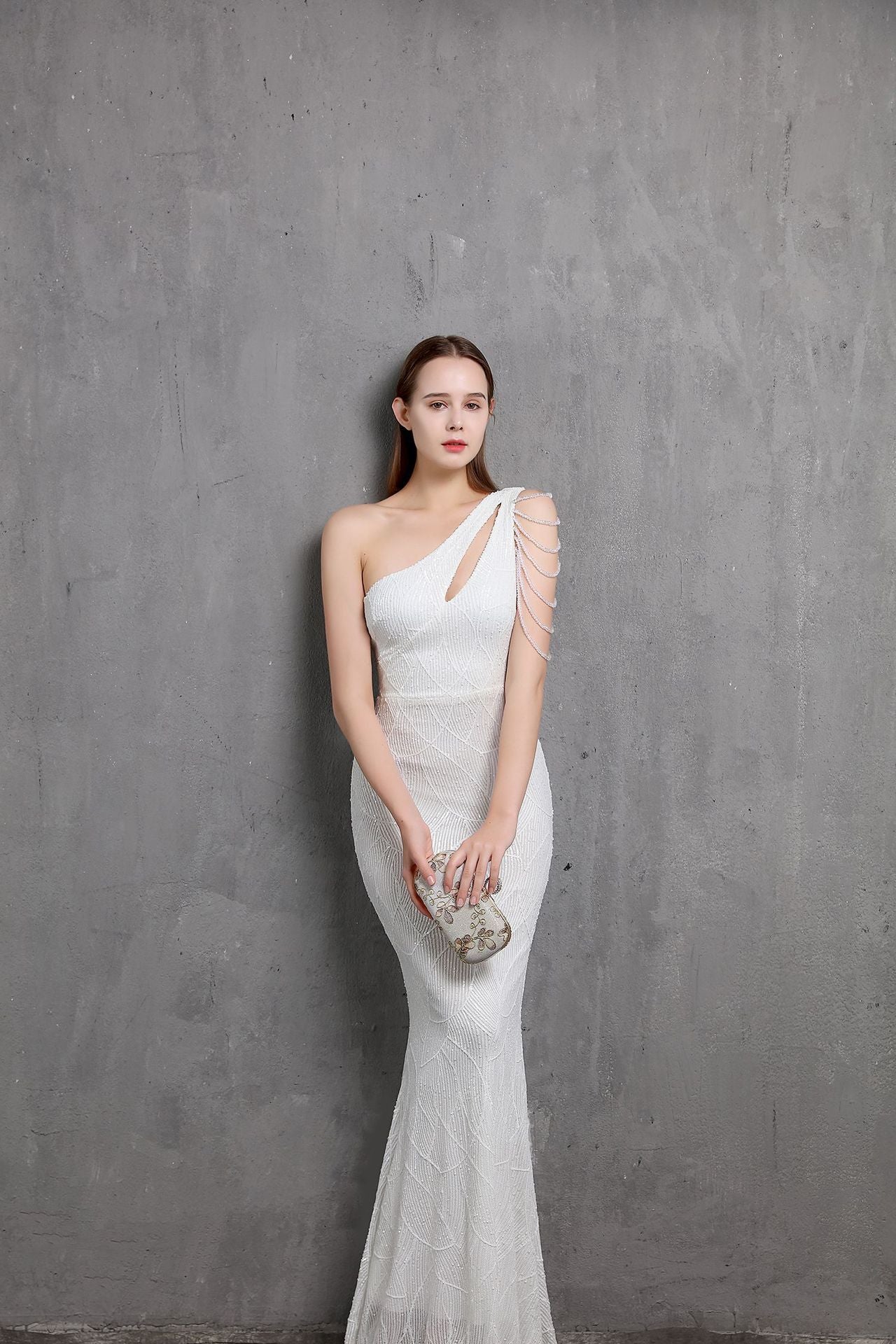 LADIES ONE SHOULDER EVENING DRESS                              WHITE / BLACK / APRICOT / GOLD / WINE RED / NAVY BLUE                             (SIZE  S - 2XL)