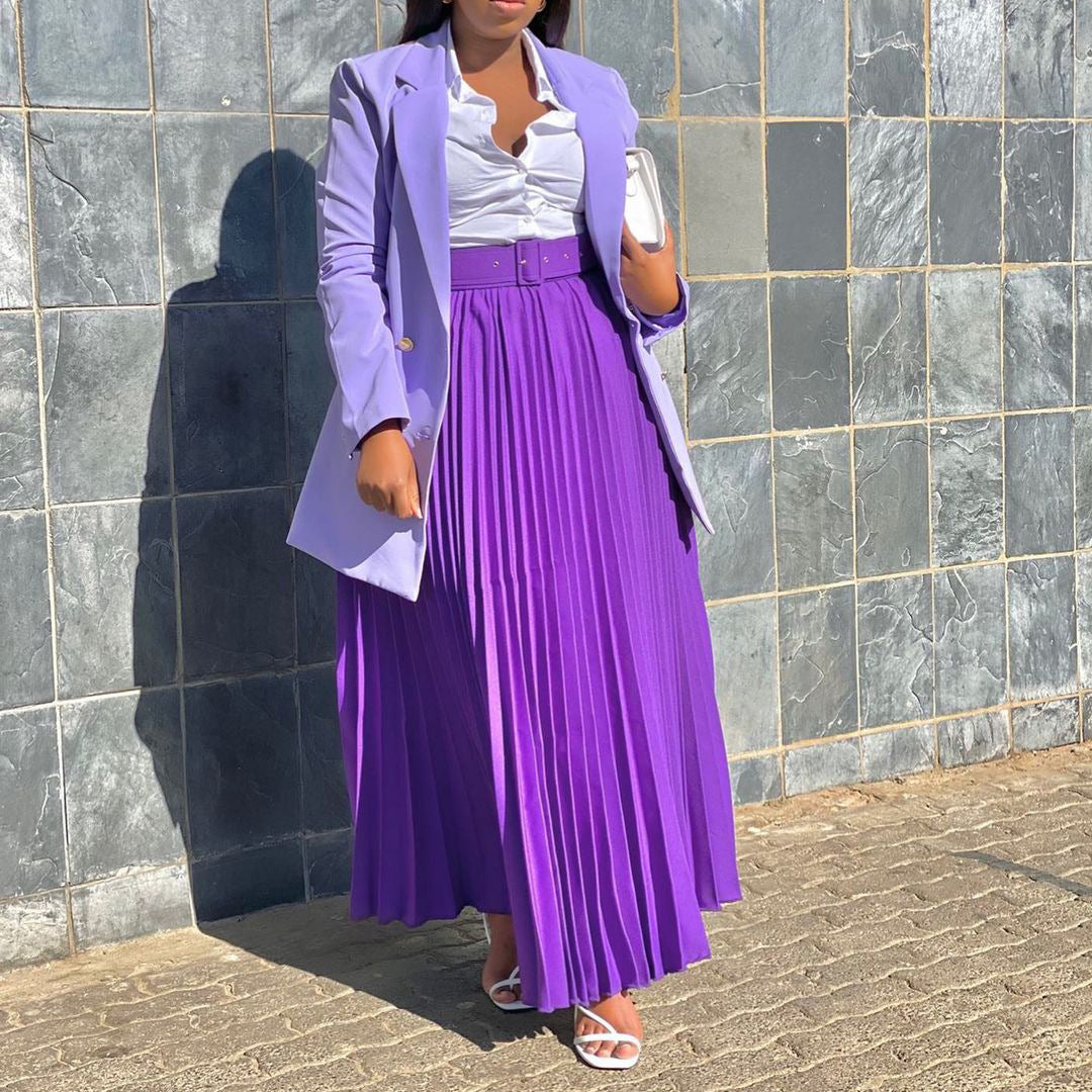 LADIES LONG PLEATED SKIRT WITH BELT                         WHITE / PURPLE / BLACK / WINE RED / GREEN                            (SIZE  S - 3XL)