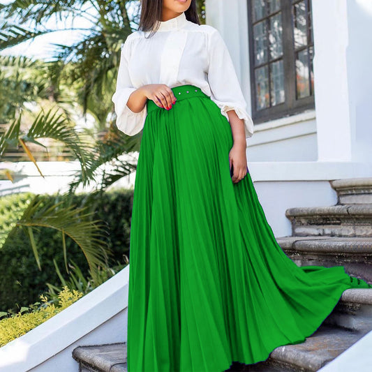 LADIES LONG PLEATED SKIRT WITH BELT                         WHITE / PURPLE / BLACK / WINE RED / GREEN                            (SIZE  S - 3XL)