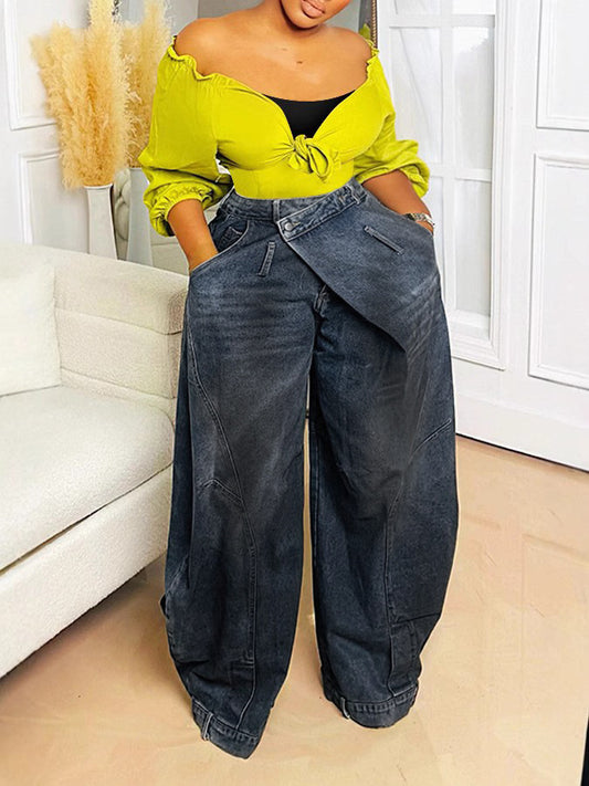 LADIES WIDE LEG DENIM PANTS / JEANS                            DARK  BLUE DENIM                                (SIZE  S - 3XL)