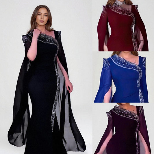 LADIES  PLUS SIZE BEADED EVENING DRESS                             BLACK / WINE RED / BLUE / PURPLE                           (SIZE  L - 3XL)