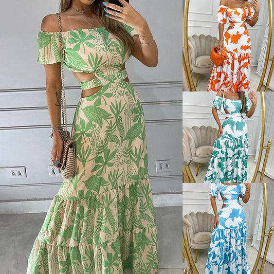 LADIES OFF THE SHOULDER CUT OUT FLORAL DRESS                     ORANGE / LIGHT GREEN / TURQUOISE GREEN / BLUE                 (SIZE  S - 3XL)