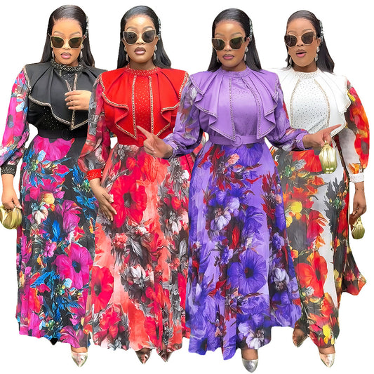 LADIES PLUS SIZE LONG SLEEVE DRESS                               PURPLE / BLACK / RED / WHITE                        (SIZE  L - 3XL)