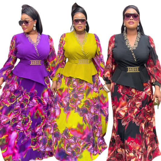 LADIES PLUS SIZE TWO PIECE SKIRT SET                        PURPLE / YELLOW / BLACK                     (SIZE  L - 3XL)